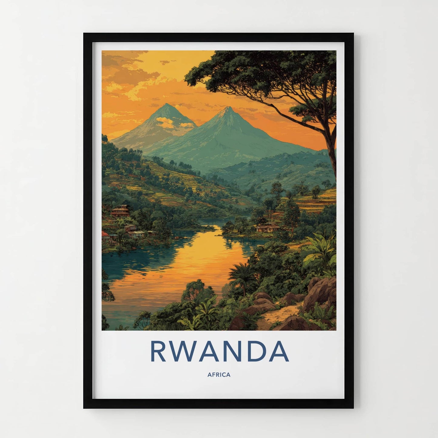 Rwanda Poster - Africa Travel Art - Volcanic Peaks Water Wall Decor