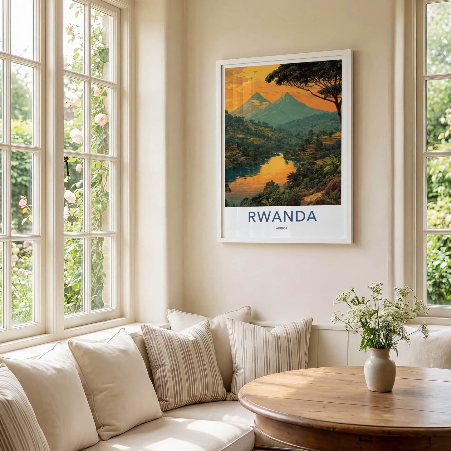 Rwanda Poster - Africa Travel Art - Volcanic Peaks Water Wall Decor