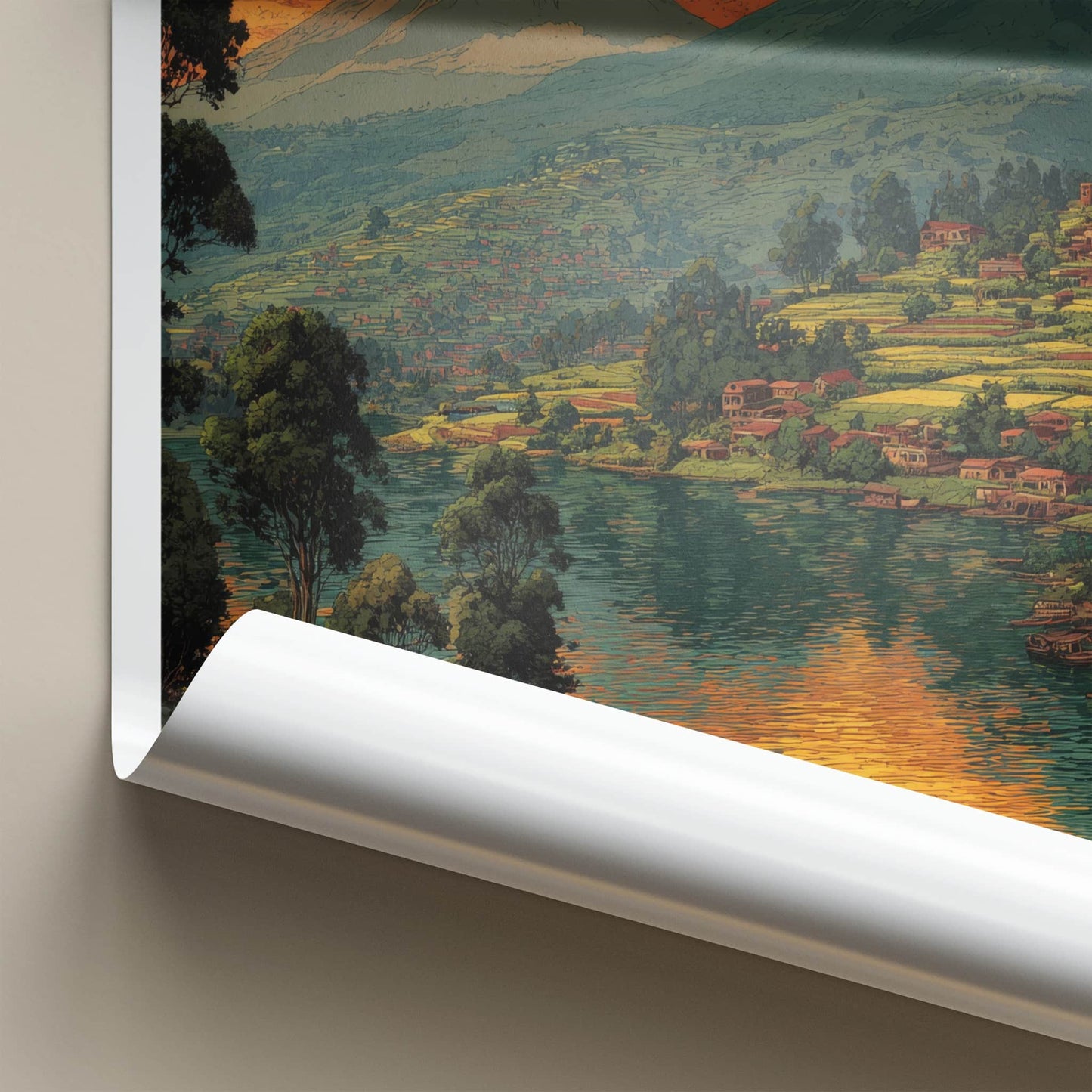 Rwanda Poster - Africa Travel Art - Volcano Lakeside Village Home Decor