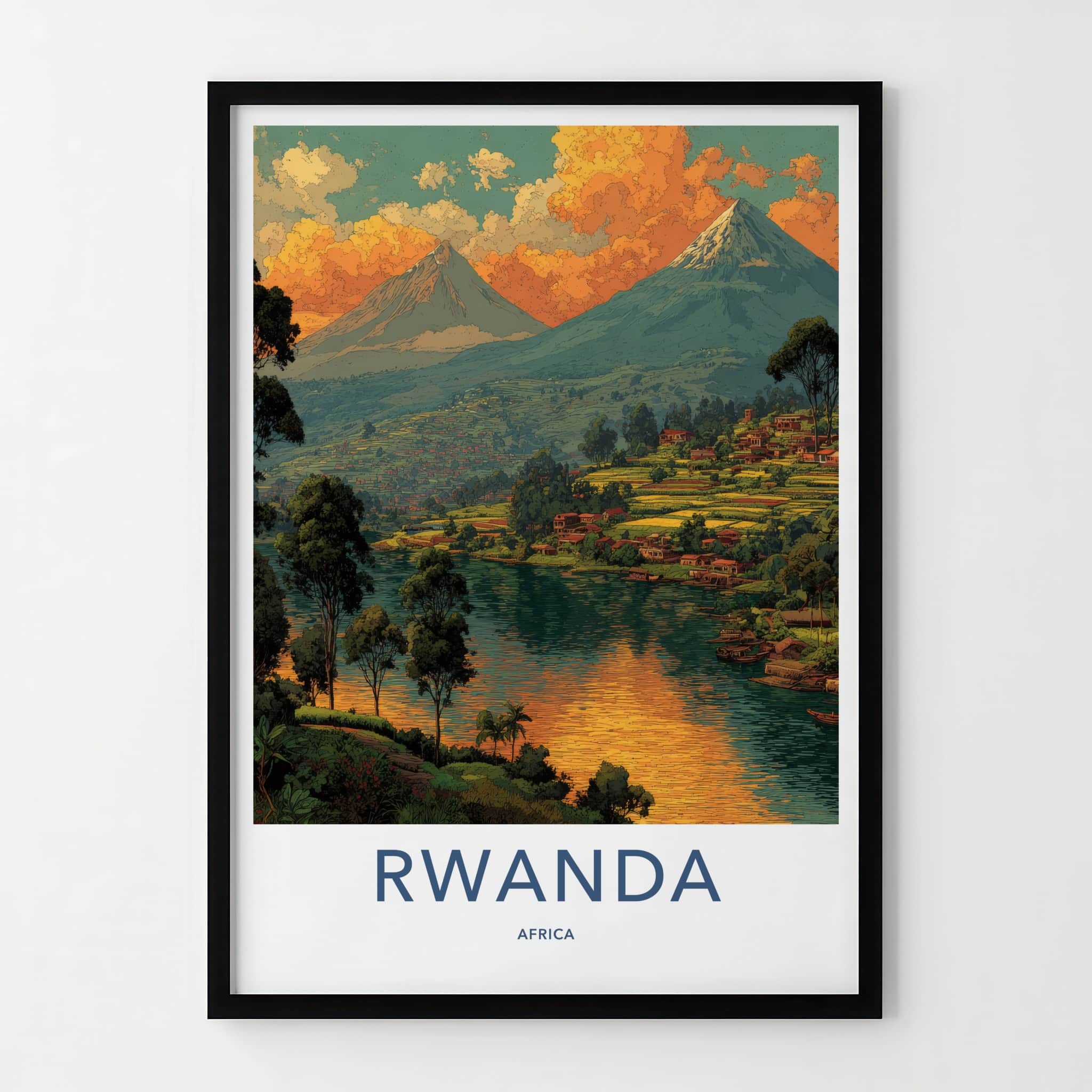 Rwanda Poster - Africa Travel Art - Volcano Lakeside Village Home Decor