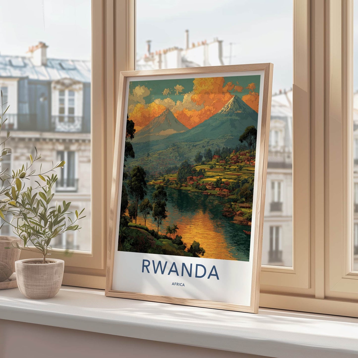 Rwanda Poster - Africa Travel Art - Volcano Lakeside Village Home Decor