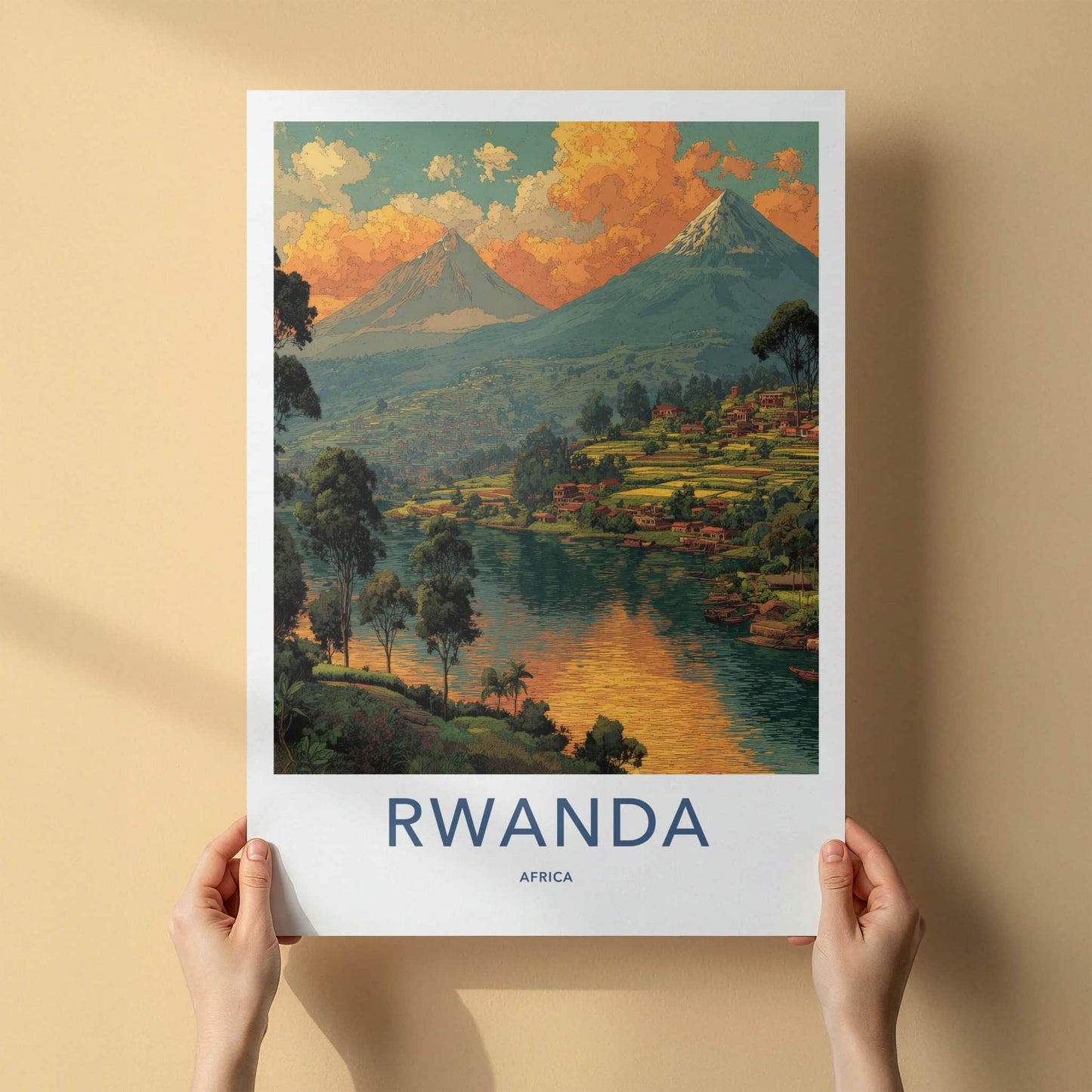 Rwanda Poster - Africa Travel Art - Volcano Lakeside Village Home Decor