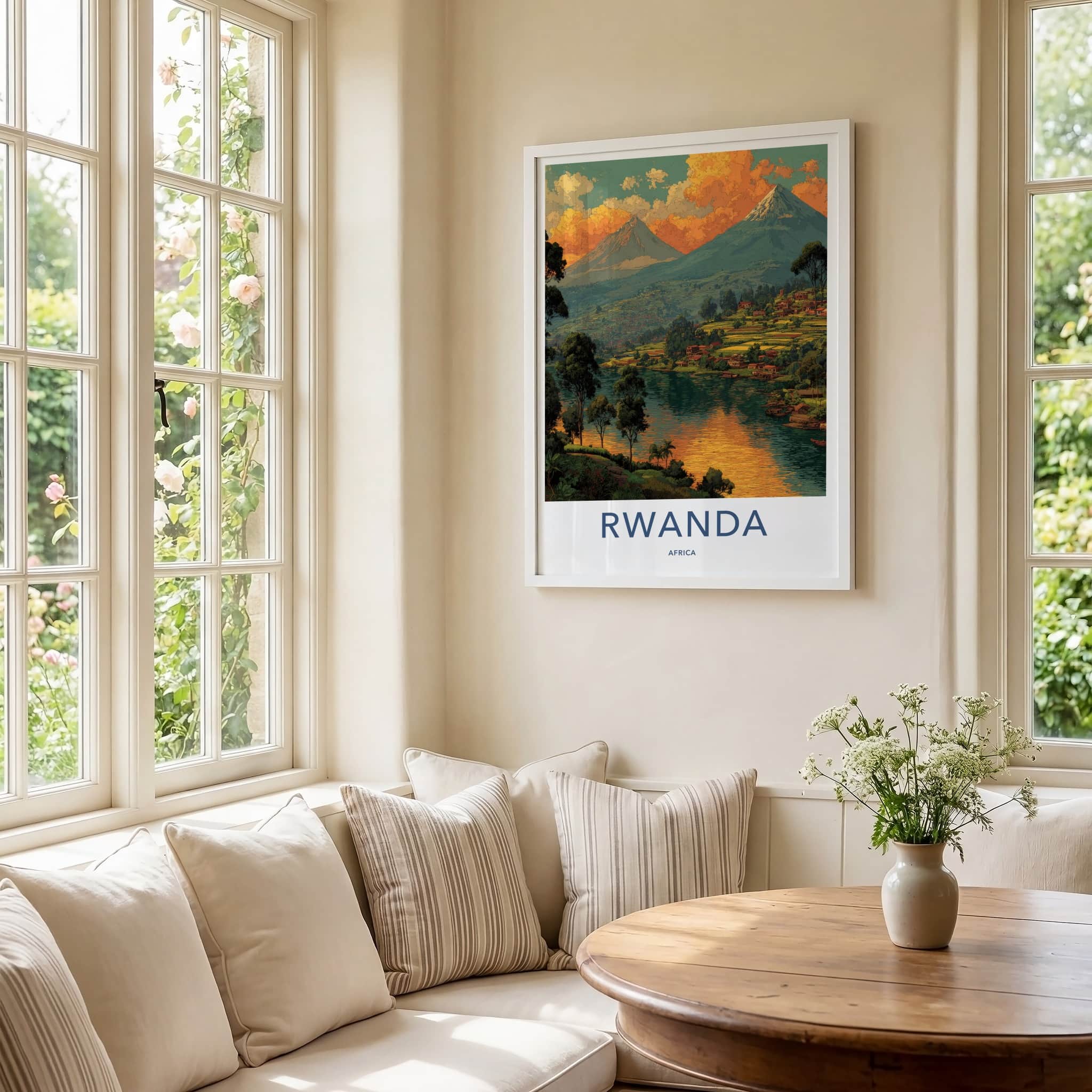 Rwanda Poster - Africa Travel Art - Volcano Lakeside Village Home Decor