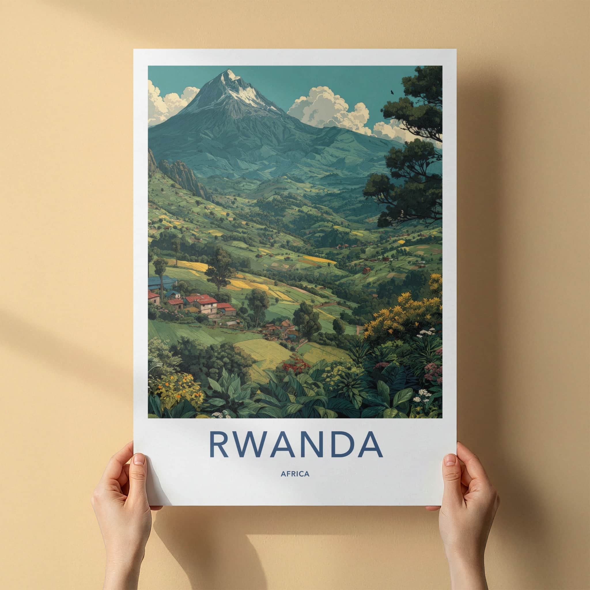 Rwanda Poster - Africa Travel Print - Volcanic Mountain Farms Lounge Decor