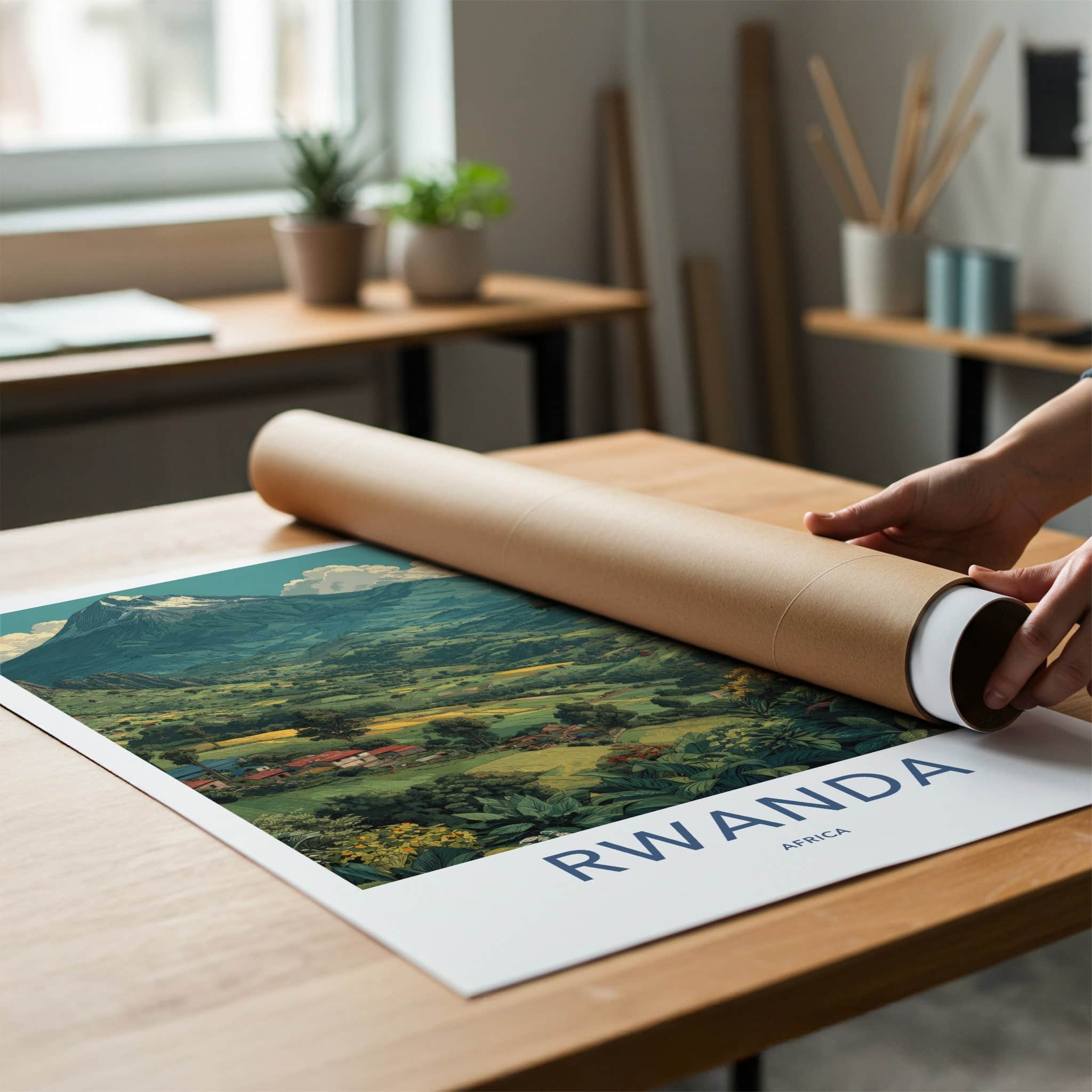 Rwanda Poster - Africa Travel Print - Volcanic Mountain Farms Lounge Decor