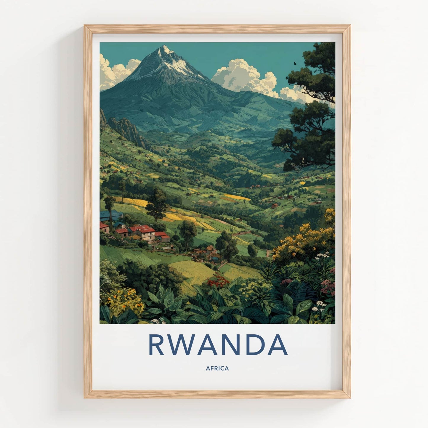 Rwanda Poster - Africa Travel Print - Volcanic Mountain Farms Lounge Decor