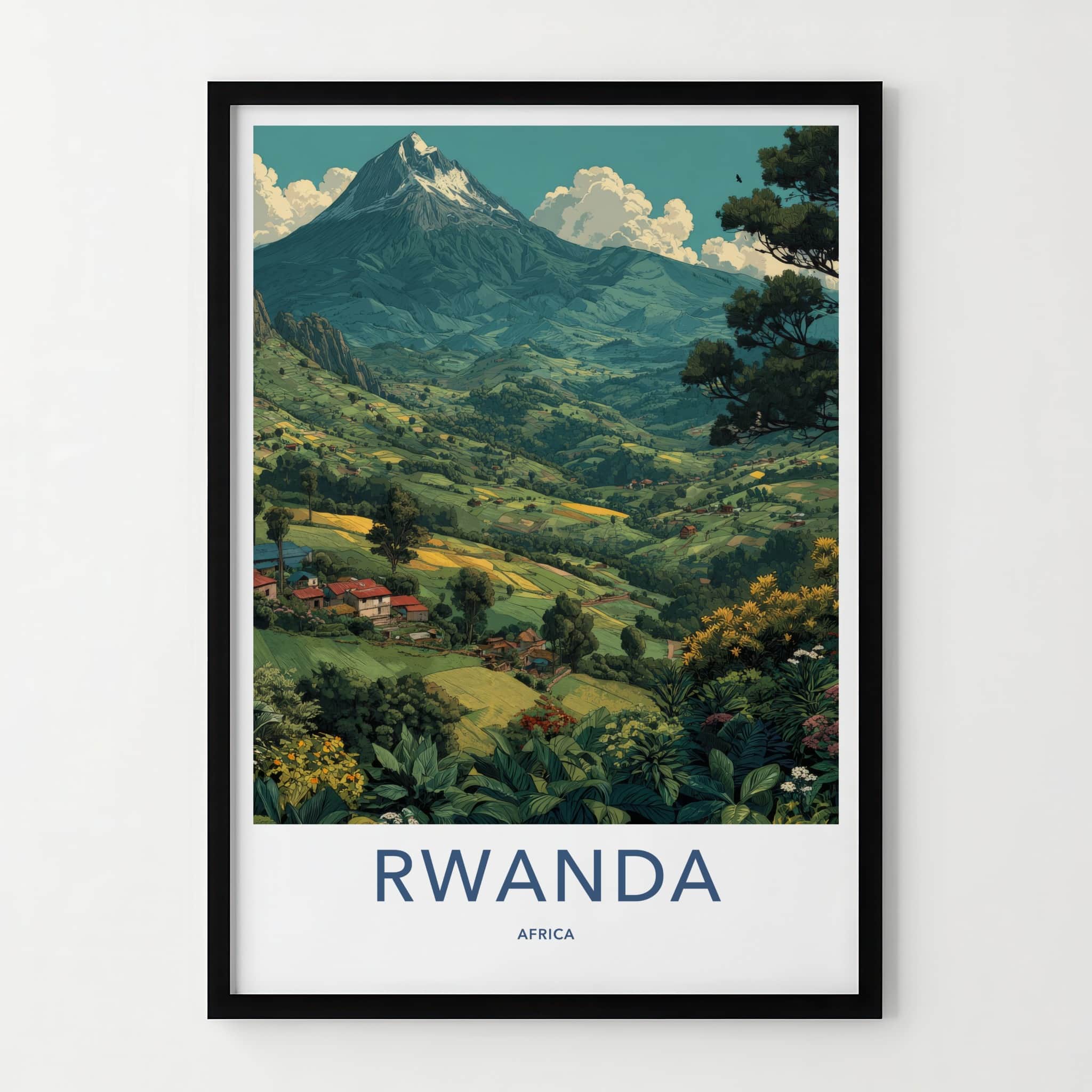 Rwanda Poster - Africa Travel Print - Volcanic Mountain Farms Lounge Decor