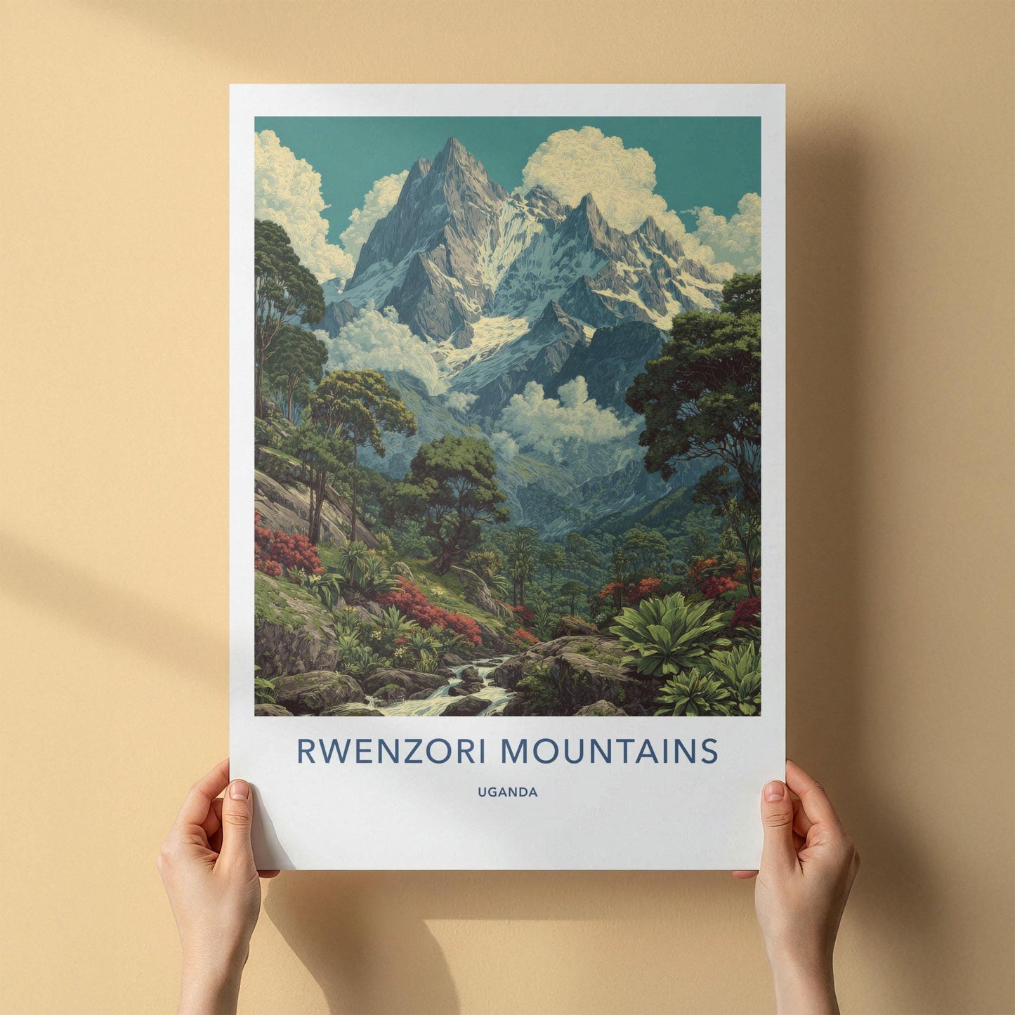 Rwenzori Mountains Poster - Uganda Travel Art - Mountainous Stream Valley Wall Decor