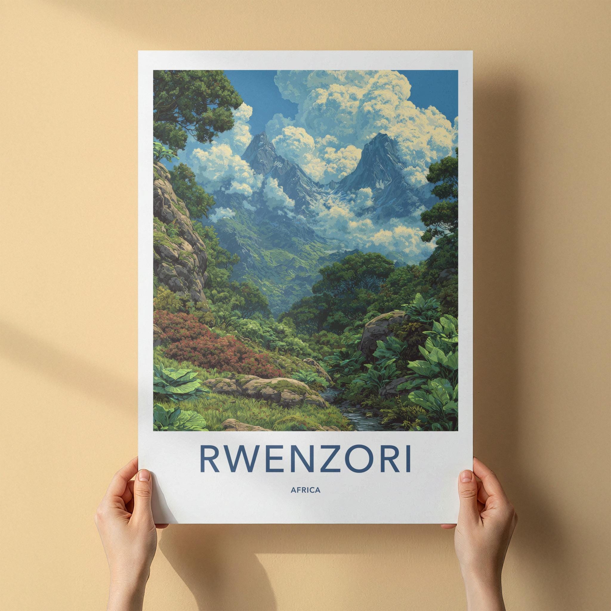 Rwenzori Poster - Africa Travel Art - Cloudy Mountain Peaks Wall Decor