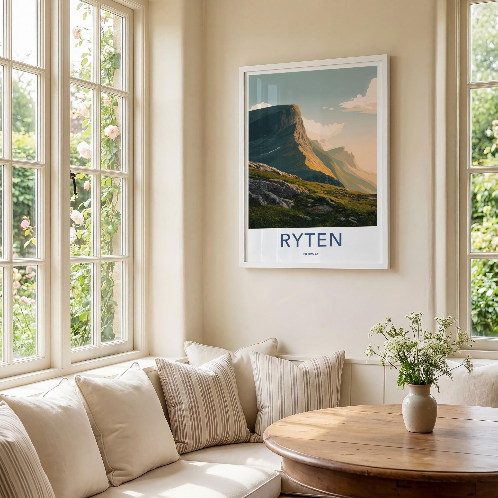 Ryten Poster - Norway Travel Art - Sunlit Mountain Cliff Home Decor