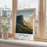 Ryten Poster - Norway Travel Art - Sunlit Mountain Cliff Home Decor