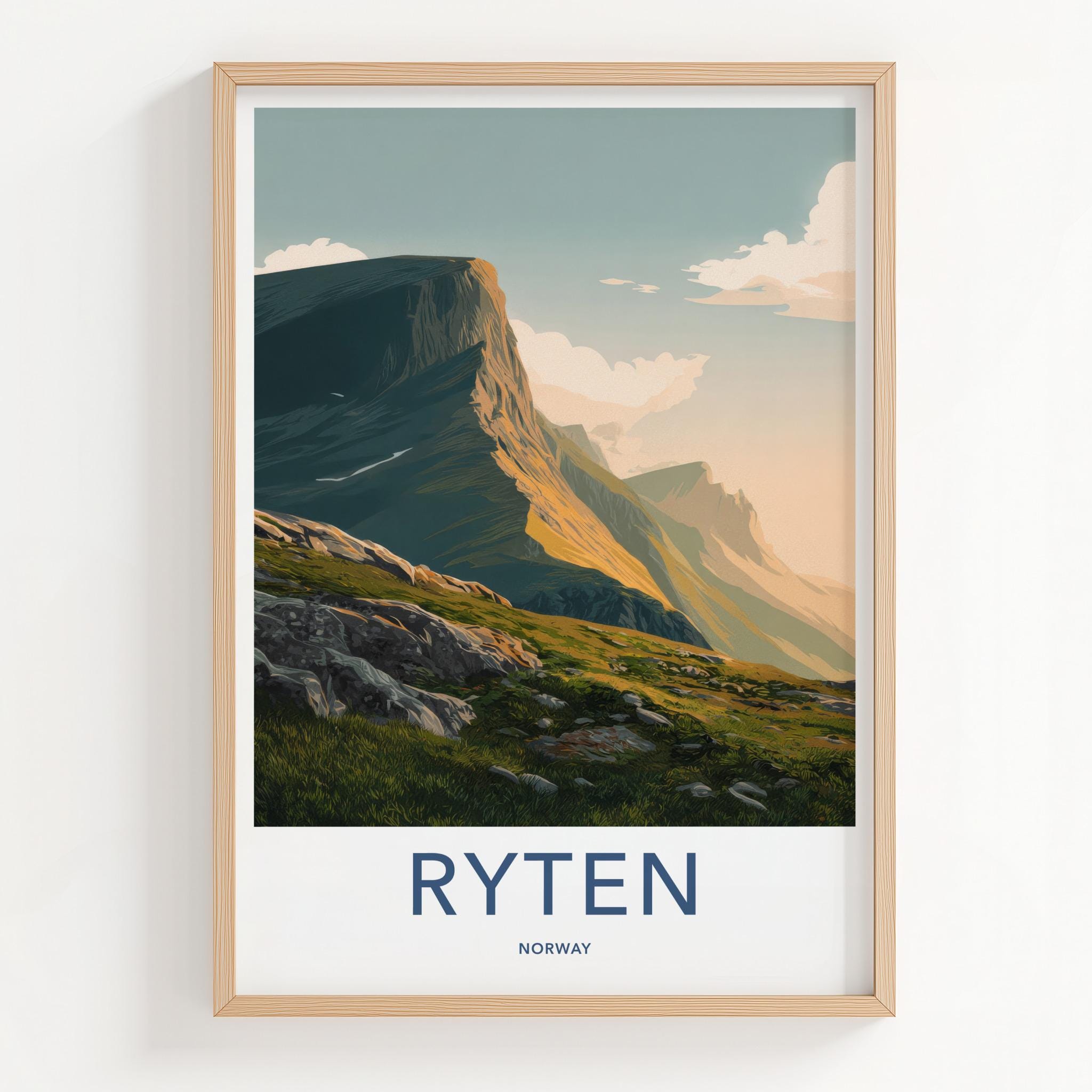 Ryten Poster - Norway Travel Art - Sunlit Mountain Cliff Home Decor