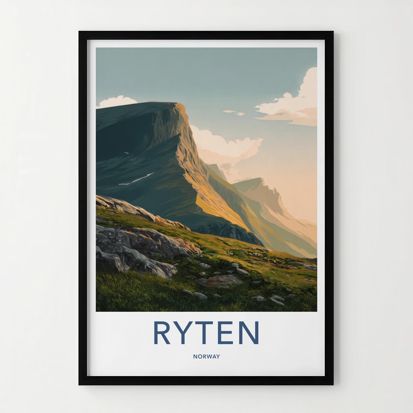 Ryten Poster - Norway Travel Art - Sunlit Mountain Cliff Home Decor