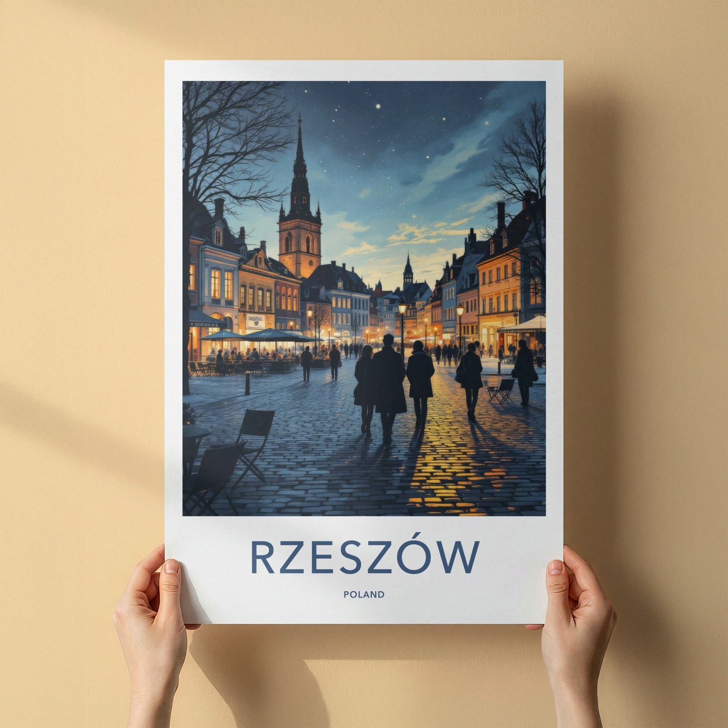 Rzeszow Poster - Poland Travel Print - Illuminated Town Square Home Decor