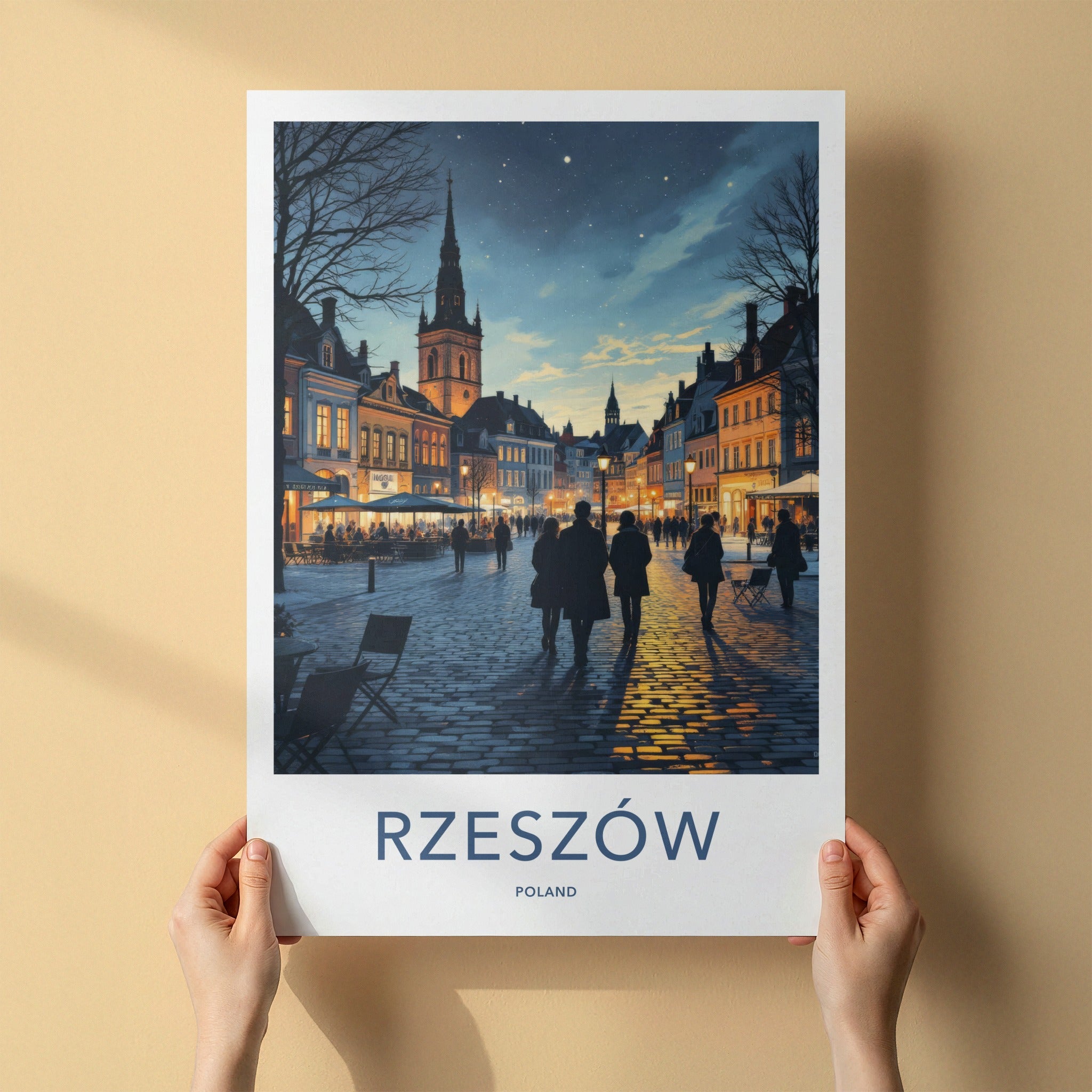 Rzeszow Poster - Poland Travel Print - Illuminated Town Square Home Decor