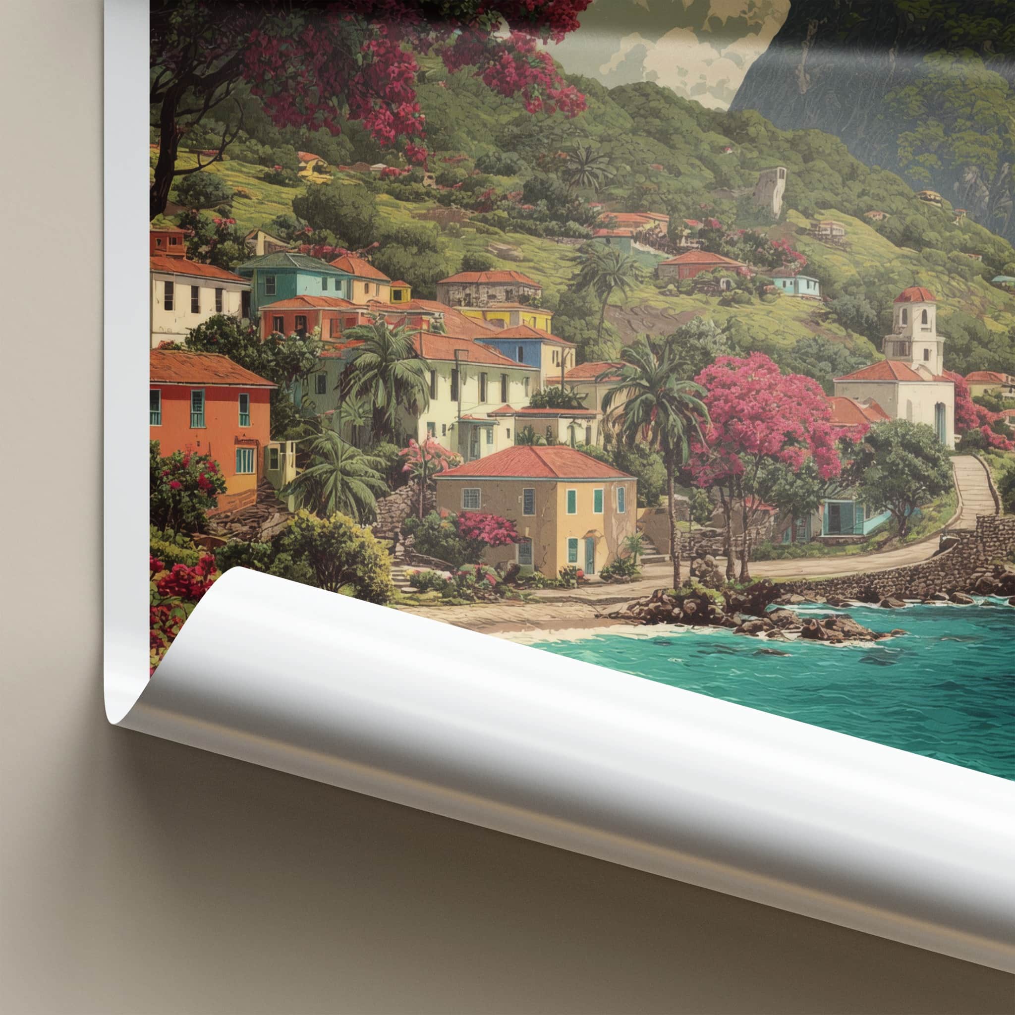 Saba Poster - Caribbean Travel Art - Coastal Village Scene Gallery Art