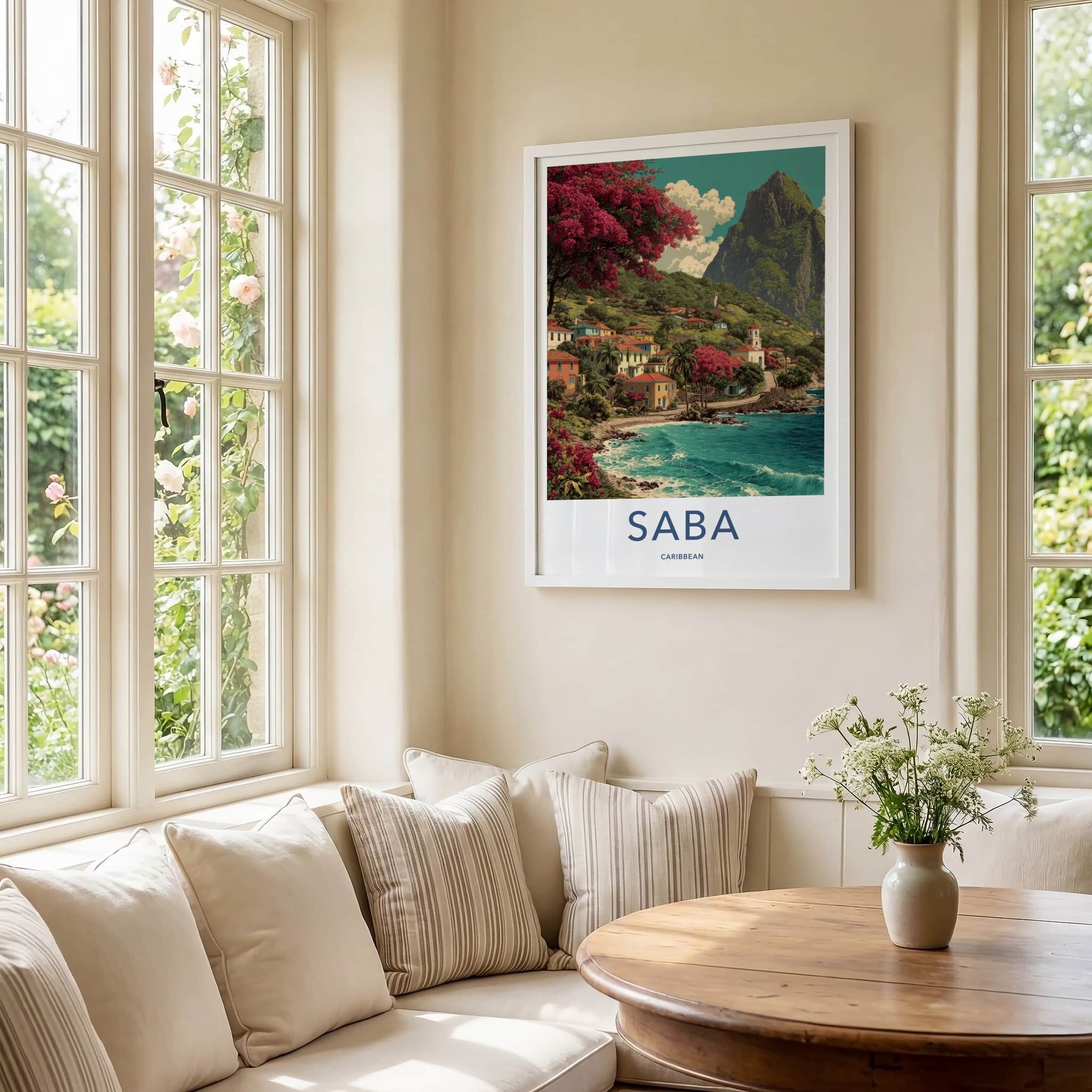 Saba Poster - Caribbean Travel Art - Coastal Village Scene Gallery Art