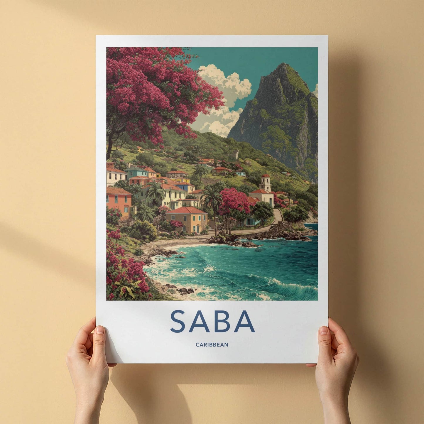 Saba Poster - Caribbean Travel Art - Coastal Village Scene Gallery Art