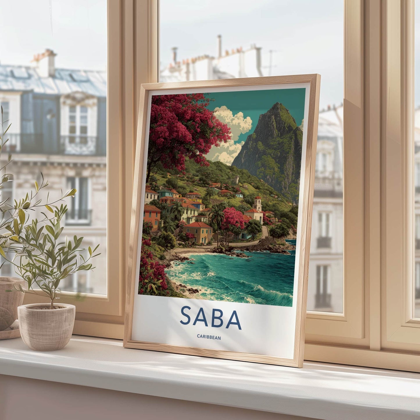 Saba Poster - Caribbean Travel Art - Coastal Village Scene Gallery Art