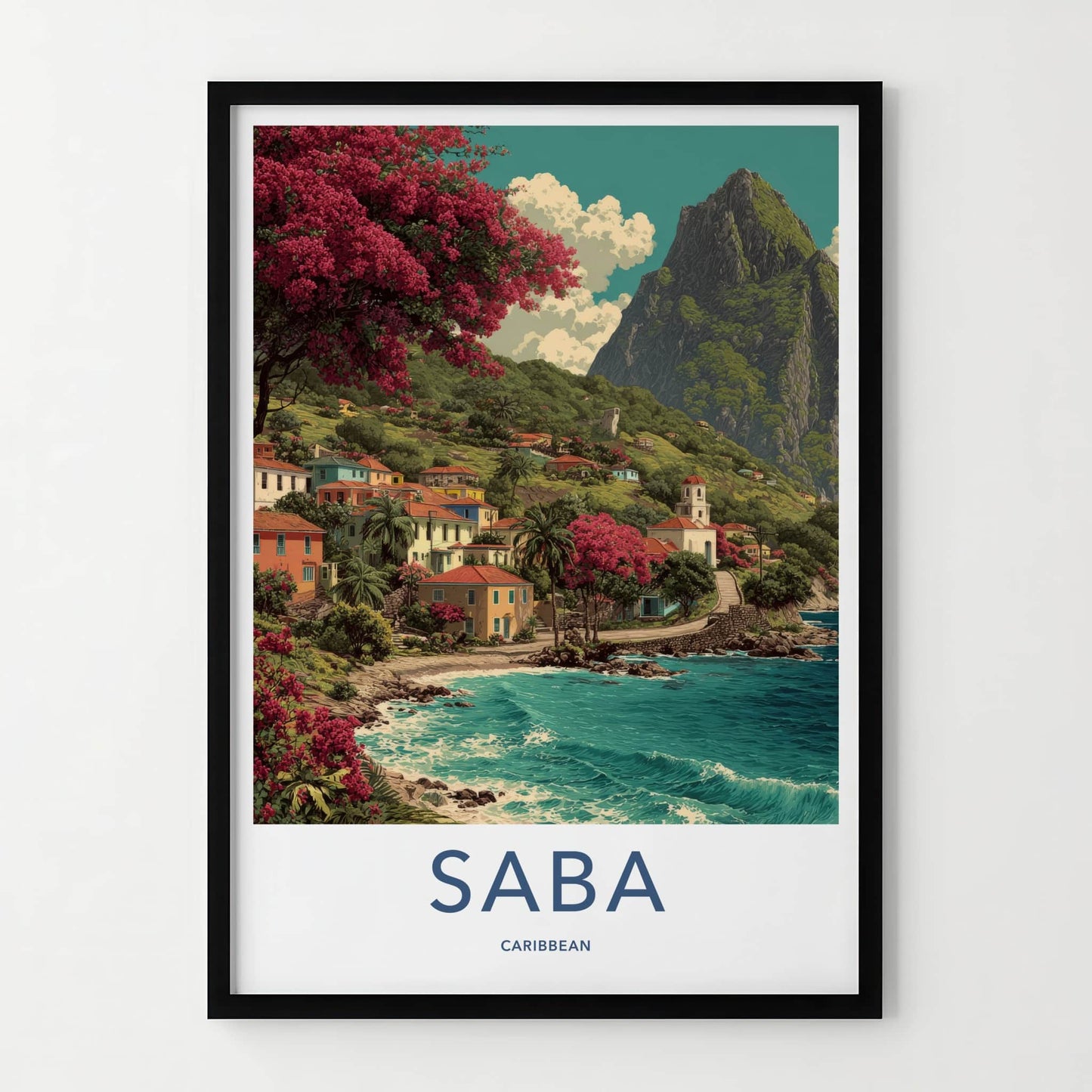 Saba Poster - Caribbean Travel Art - Coastal Village Scene Gallery Art