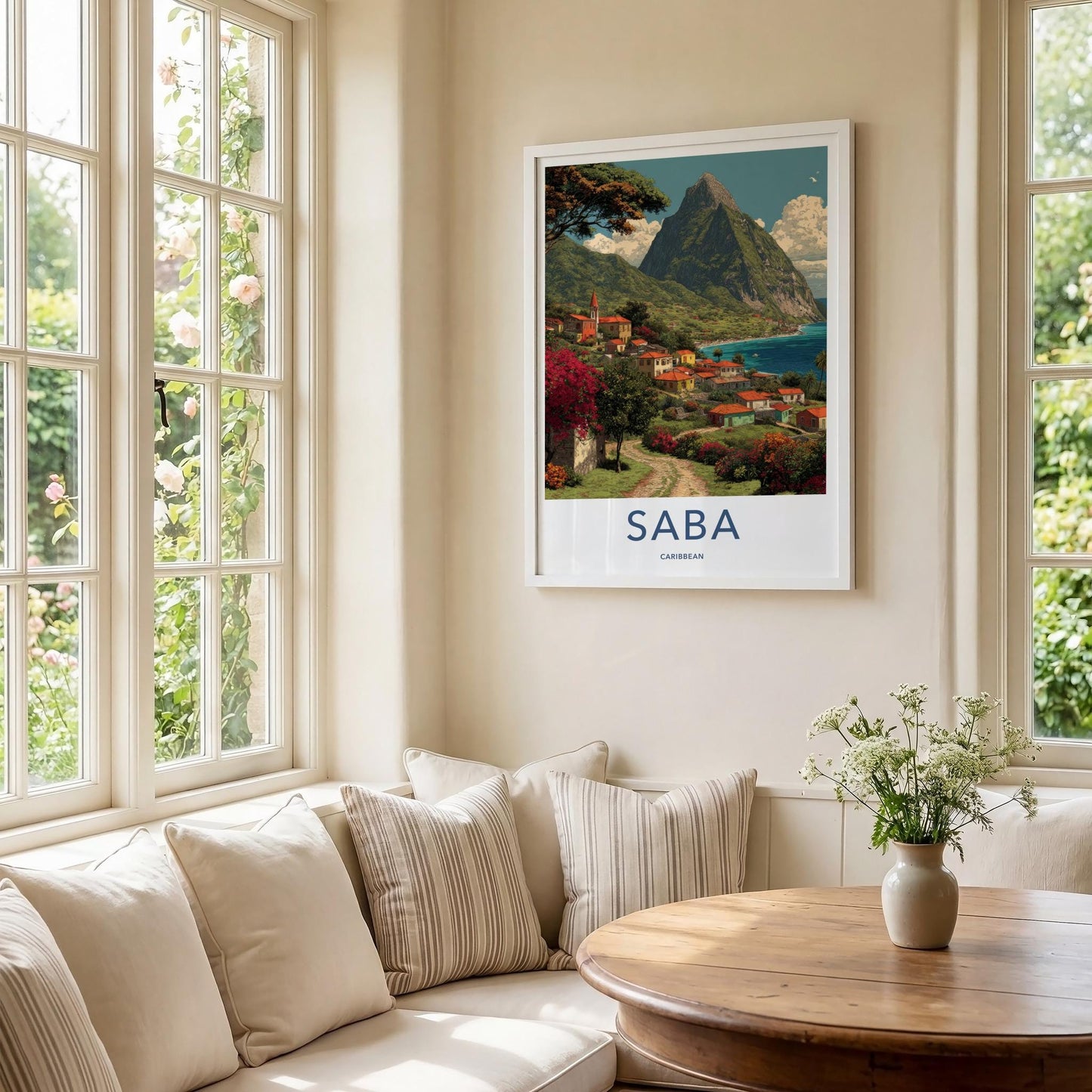 Saba Poster - Caribbean Travel Art - Island Village Seascape Wall Decor