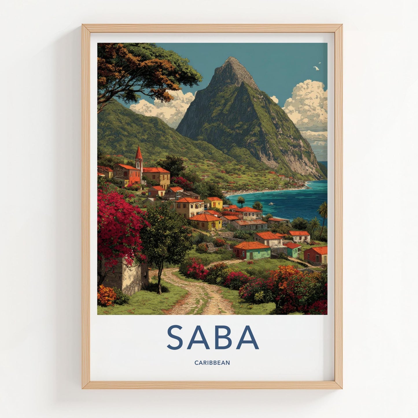 Saba Poster - Caribbean Travel Art - Island Village Seascape Wall Decor