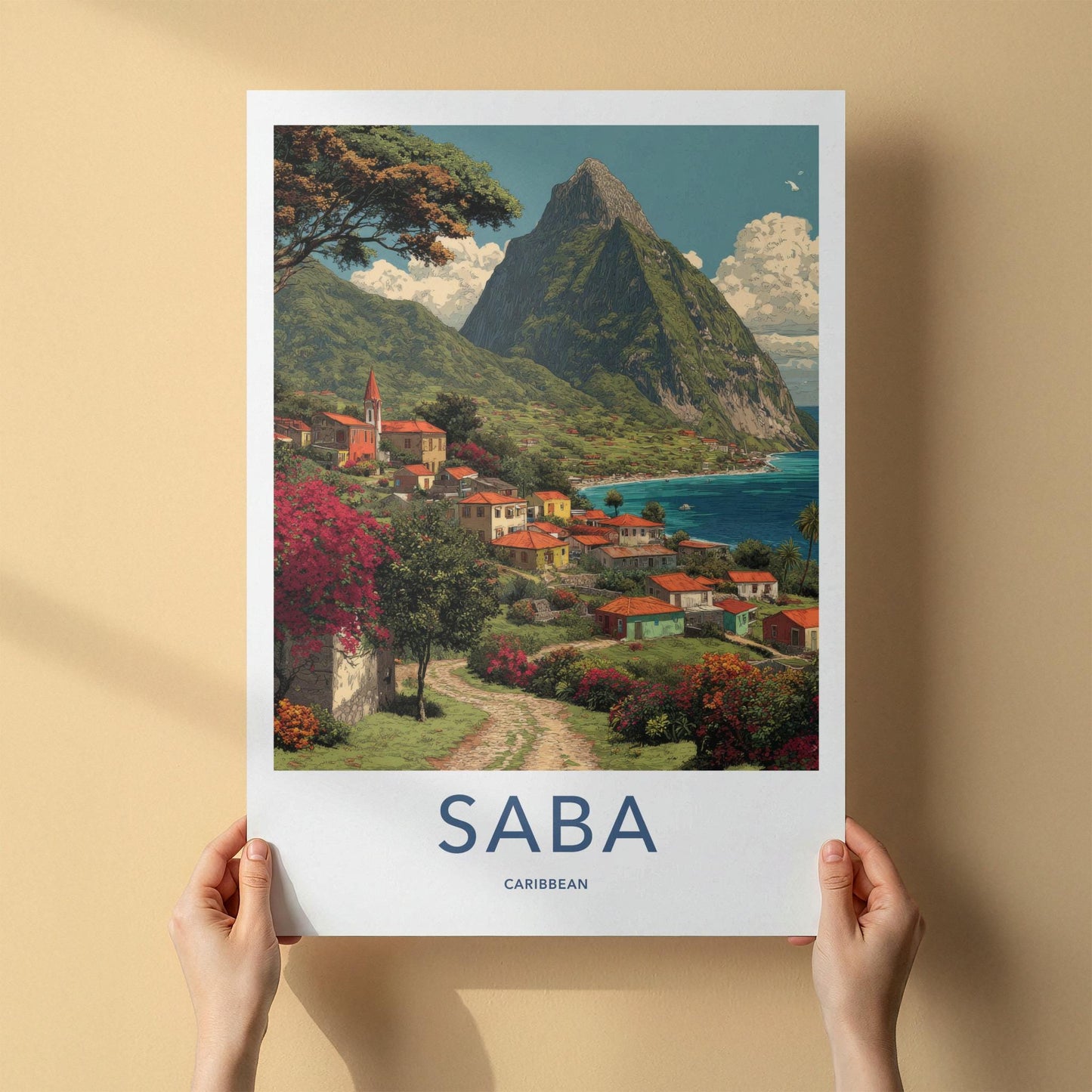 Saba Poster - Caribbean Travel Art - Island Village Seascape Wall Decor