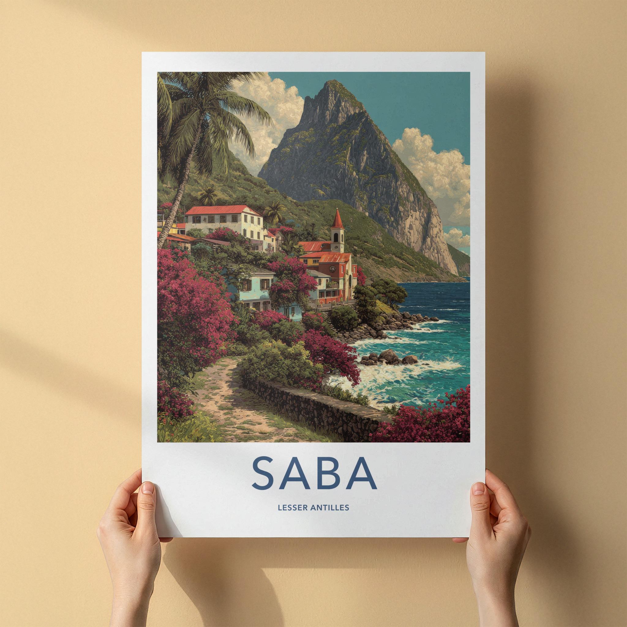 Saba Poster - Netherlands Travel Art - Colorful Coastal Town Wall Decor