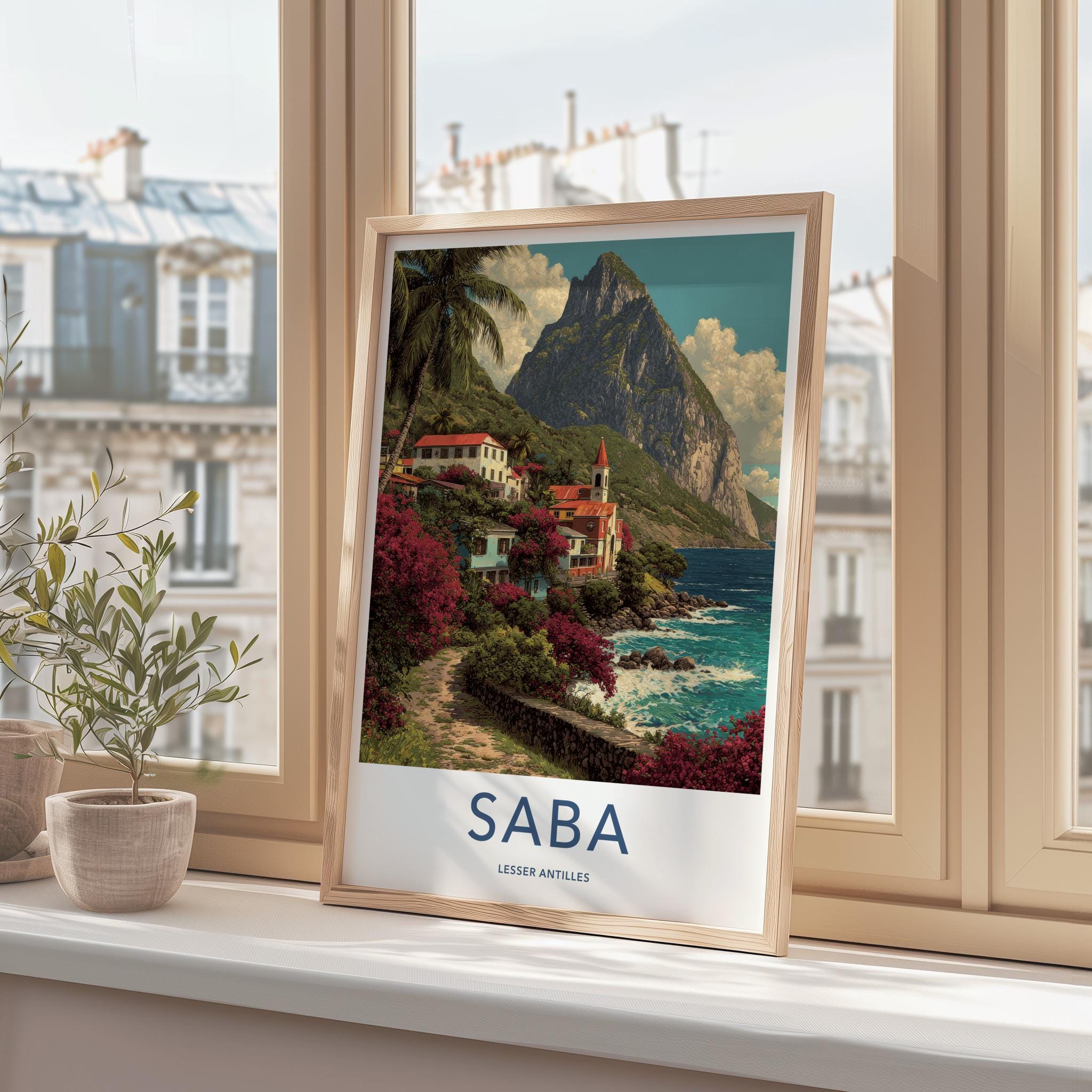 Saba Poster - Netherlands Travel Art - Colorful Coastal Town Wall Decor