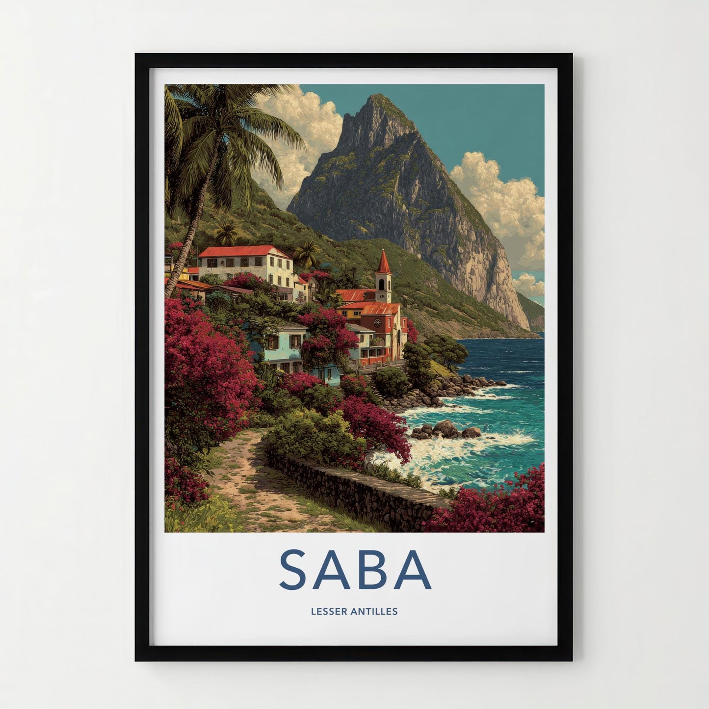 Saba Poster - Netherlands Travel Art - Colorful Coastal Town Wall Decor