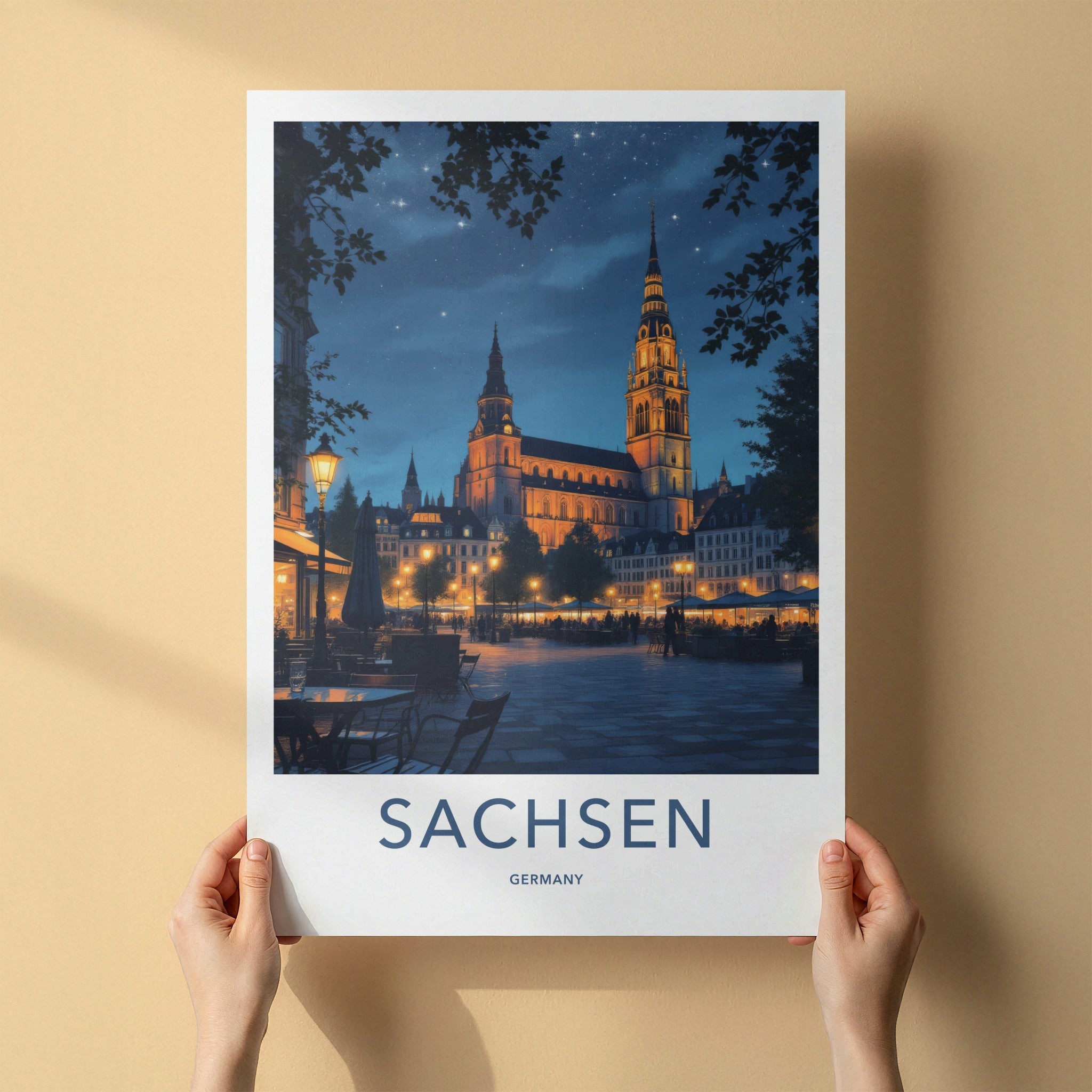 Sachsen Poster - Germany Travel Art - Illuminated Church Starry Home Decor