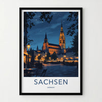 Sachsen Poster - Germany Travel Art - Illuminated Church Starry Home Decor