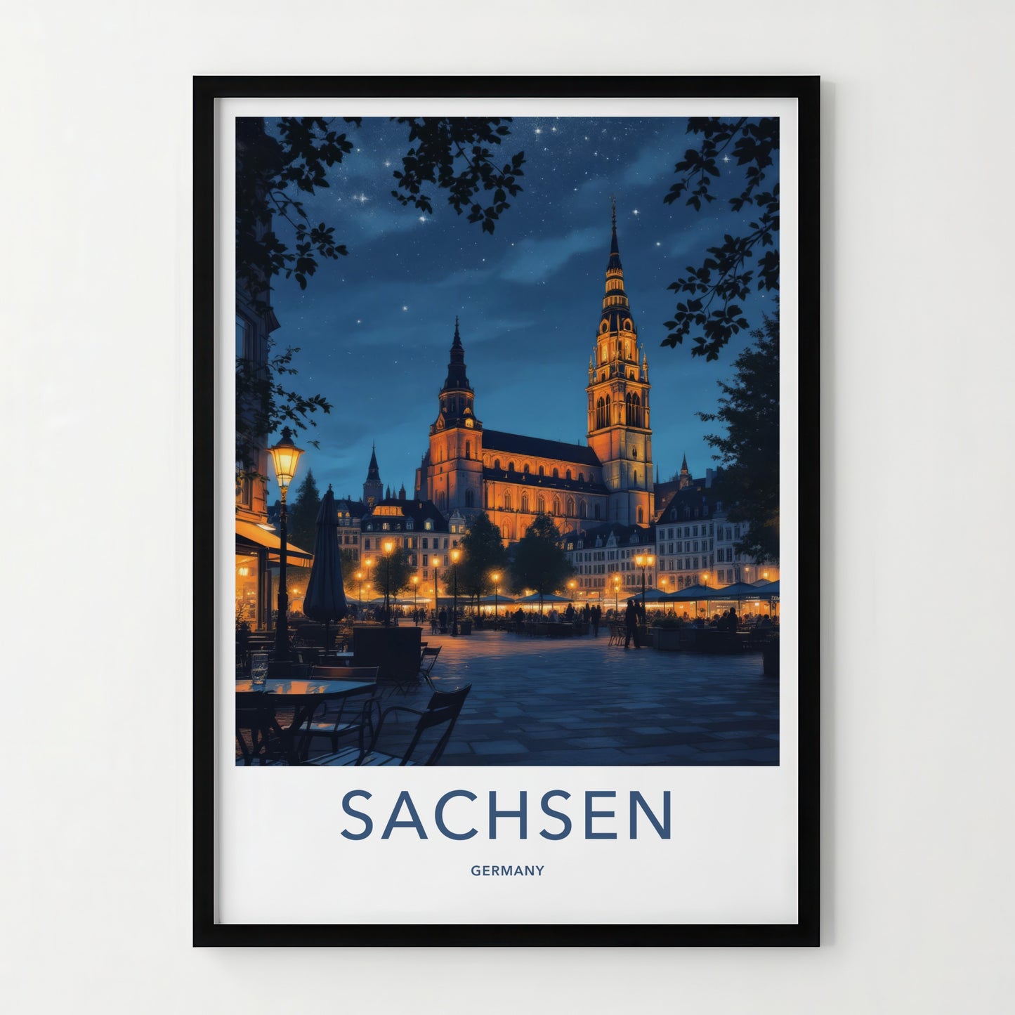 Sachsen Poster - Germany Travel Art - Illuminated Church Starry Home Decor