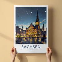 Sachsen Poster - Germany Travel Print - Illuminated Town Hall Gallery Art