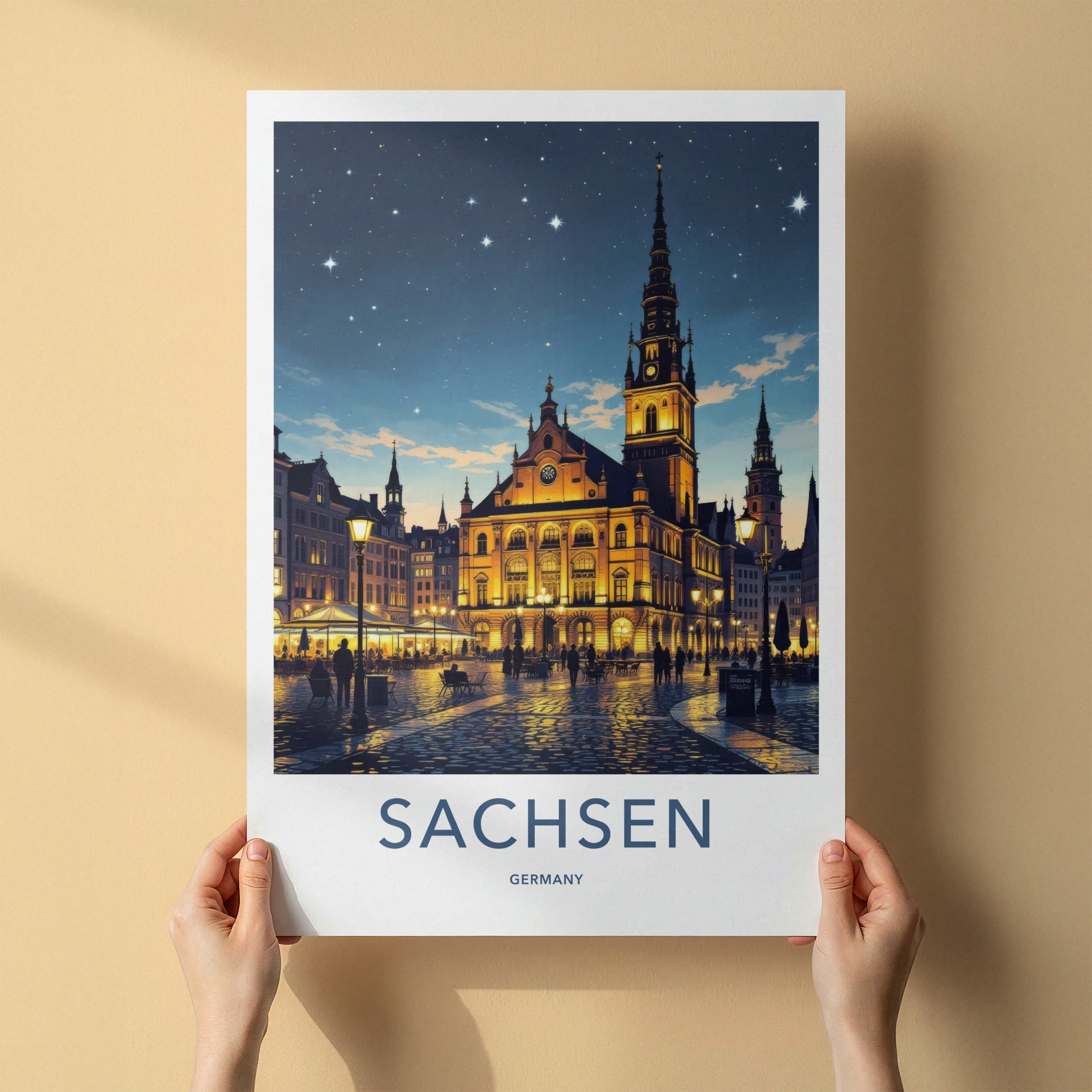 Sachsen Poster - Germany Travel Print - Illuminated Town Hall Gallery Art