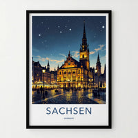 Sachsen Poster - Germany Travel Print - Illuminated Town Hall Gallery Art