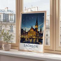 Sachsen Poster - Germany Travel Print - Illuminated Town Hall Gallery Art