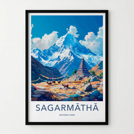 Sagarmatha National Park Poster - Nepal Travel Art - Himalayan Mountain Shrine Home Decor