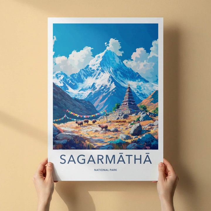 Sagarmatha National Park Poster - Nepal Travel Art - Himalayan Mountain Shrine Home Decor