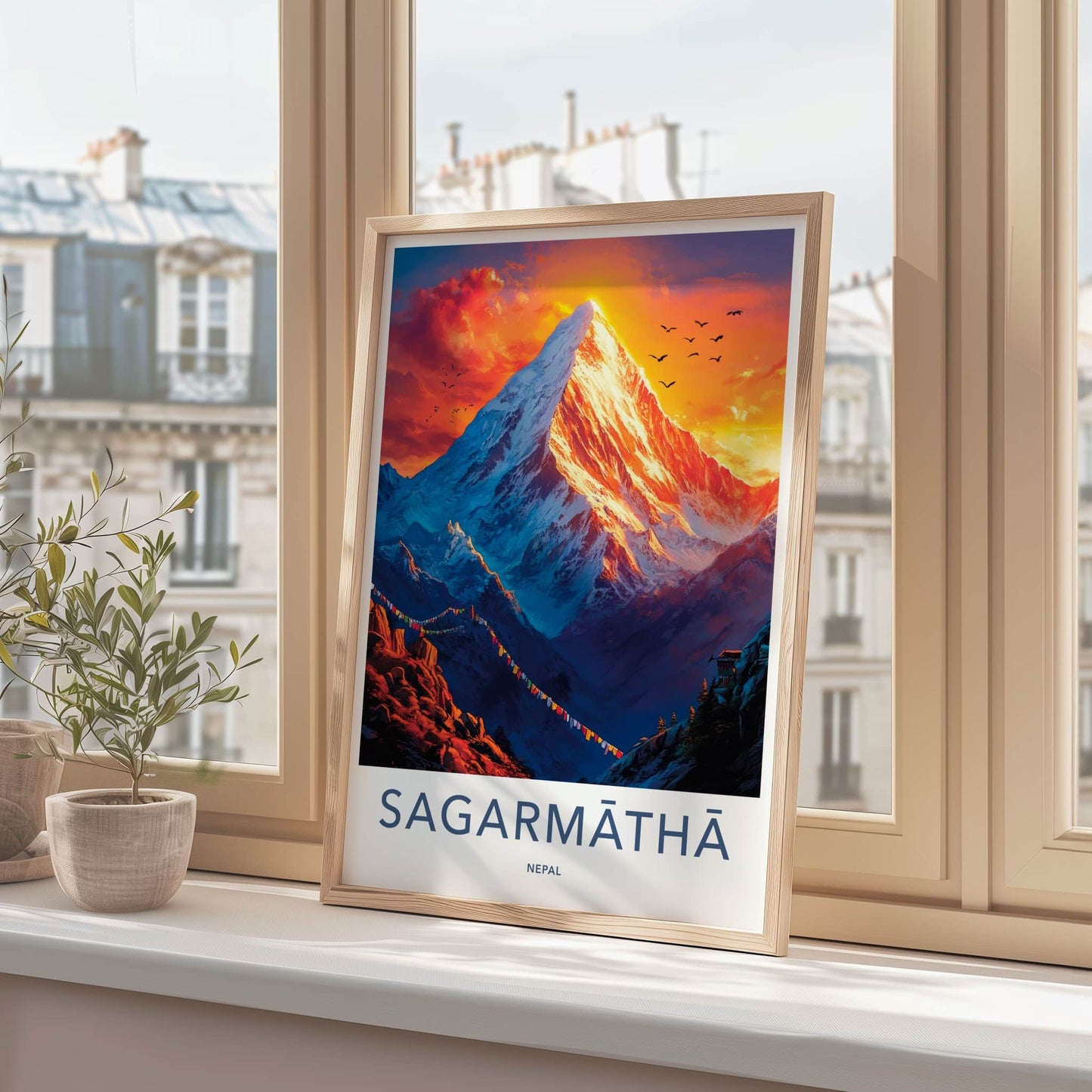 Sagarmatha Poster - Nepal Wall Art - Glowing Peak Birds Home Decor