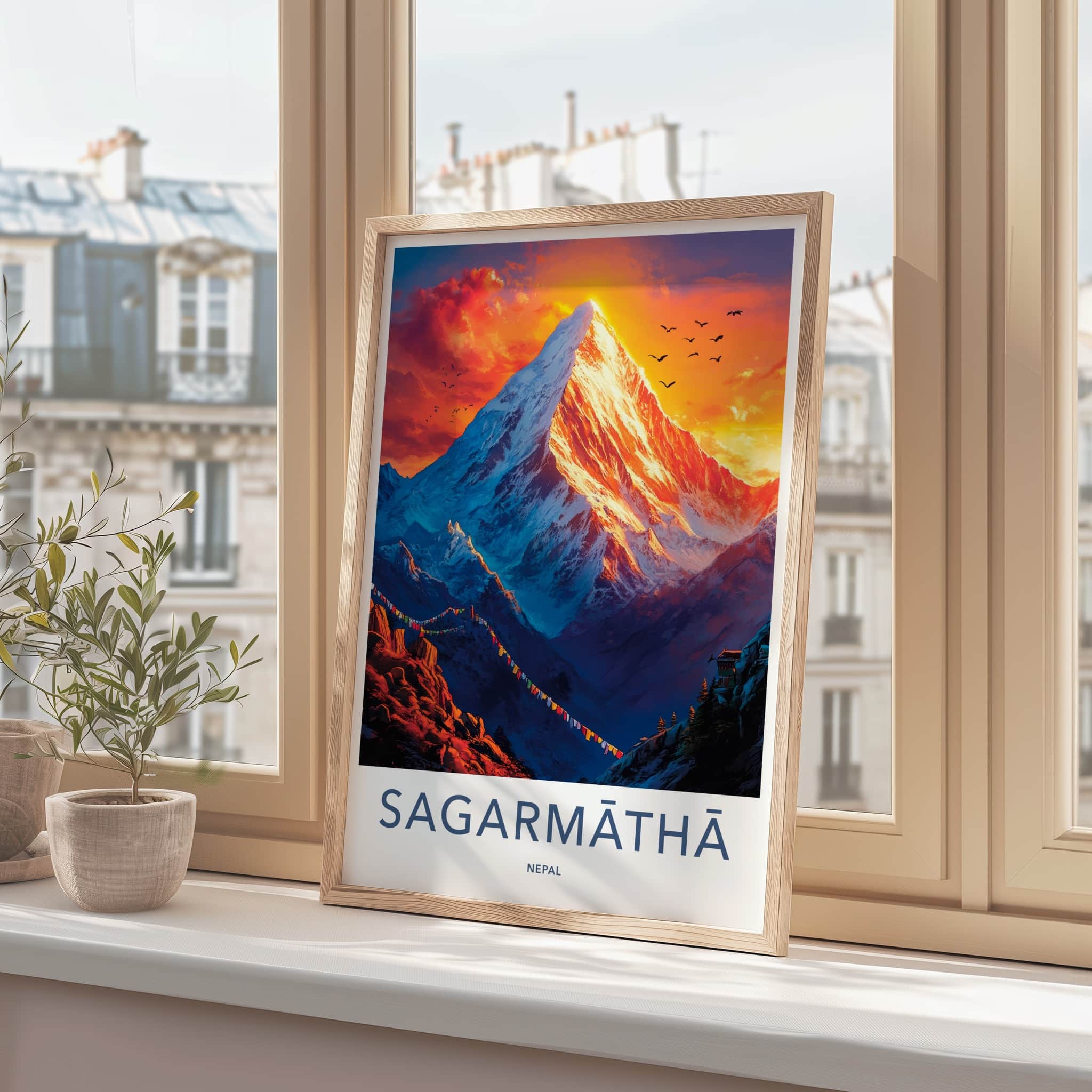 Sagarmatha Poster - Nepal Wall Art - Glowing Peak Birds Home Decor