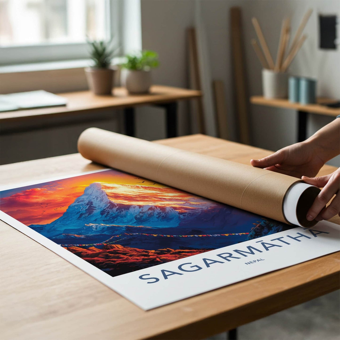Sagarmatha Poster - Nepal Wall Art - Glowing Peak Birds Home Decor