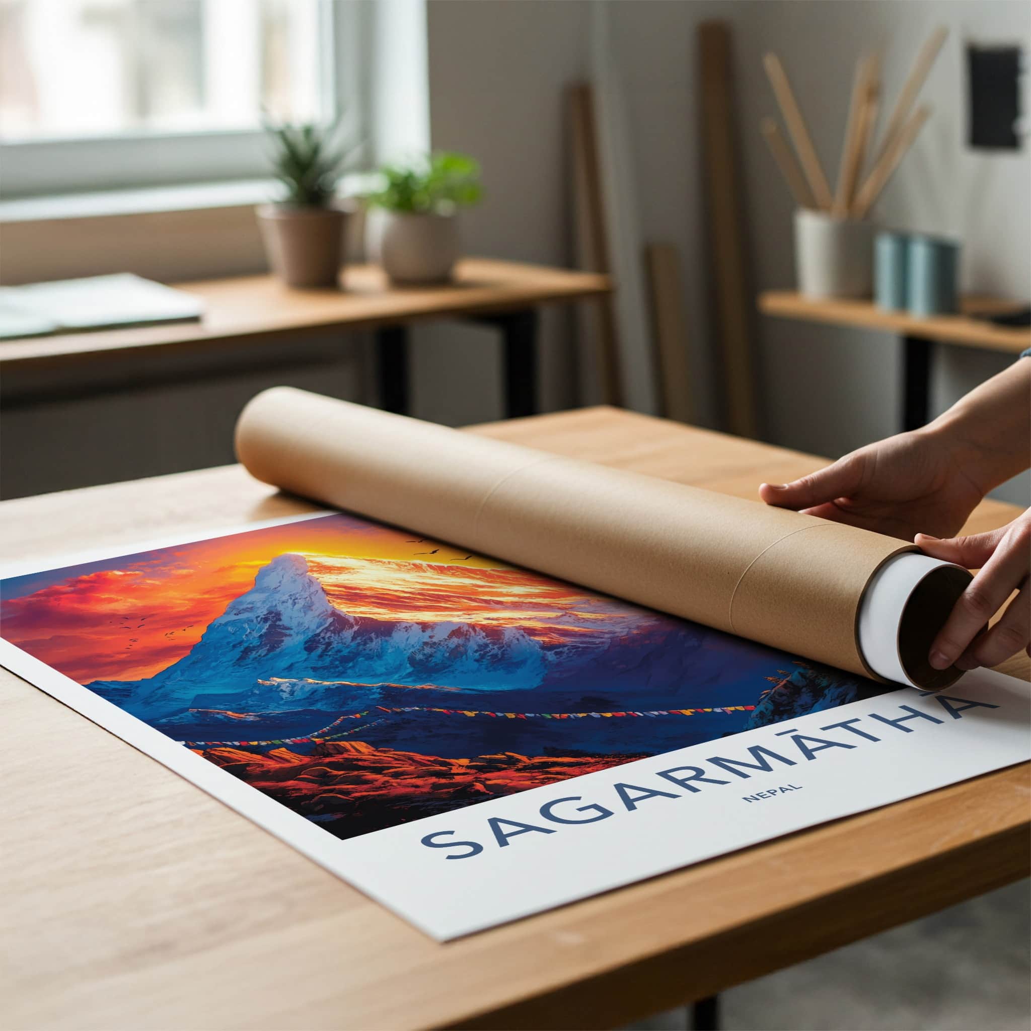 Sagarmatha Poster - Nepal Wall Art - Glowing Peak Birds Home Decor