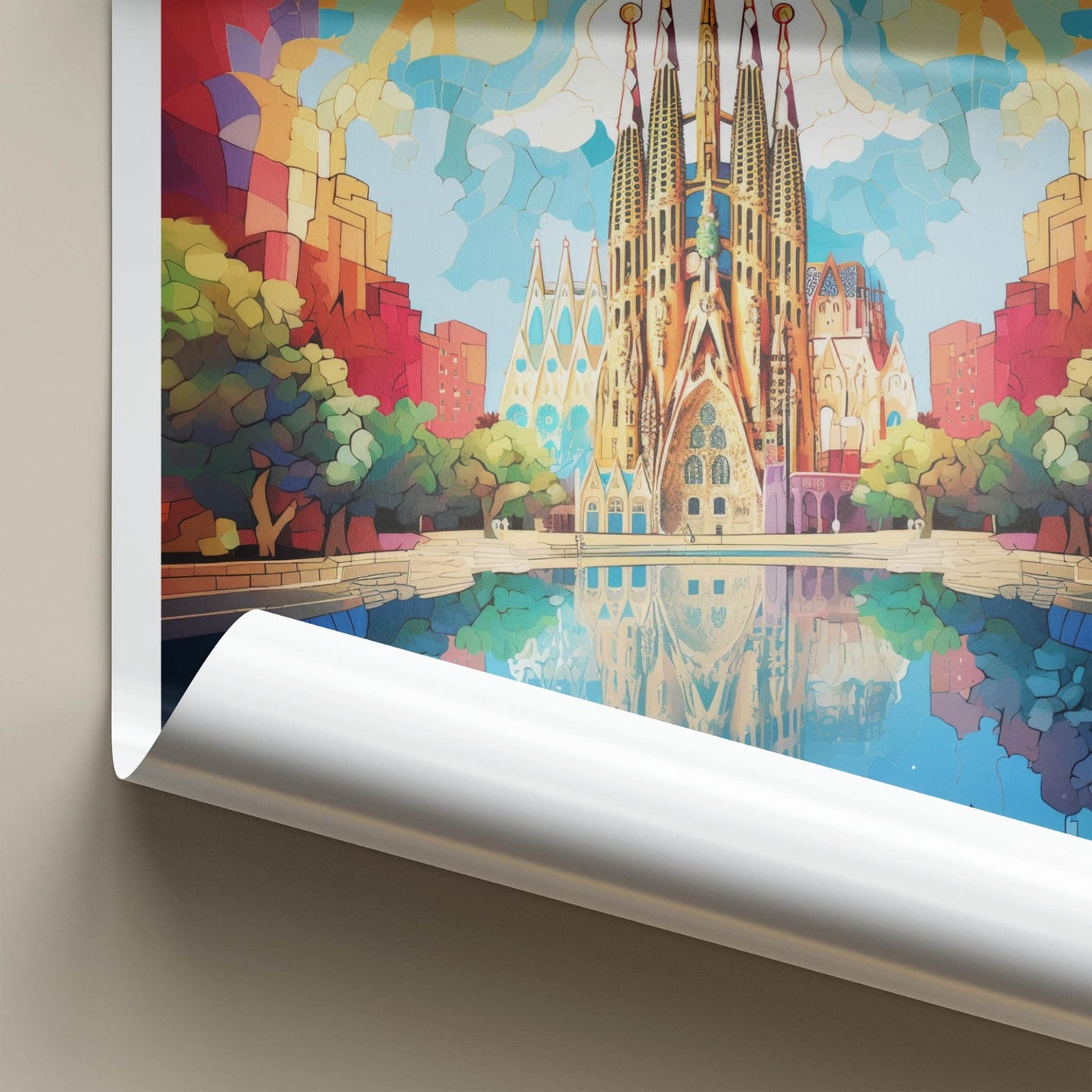 Sagrada Familia Poster - Spain Travel Art - Vibrant Temple Reflection Home Decor