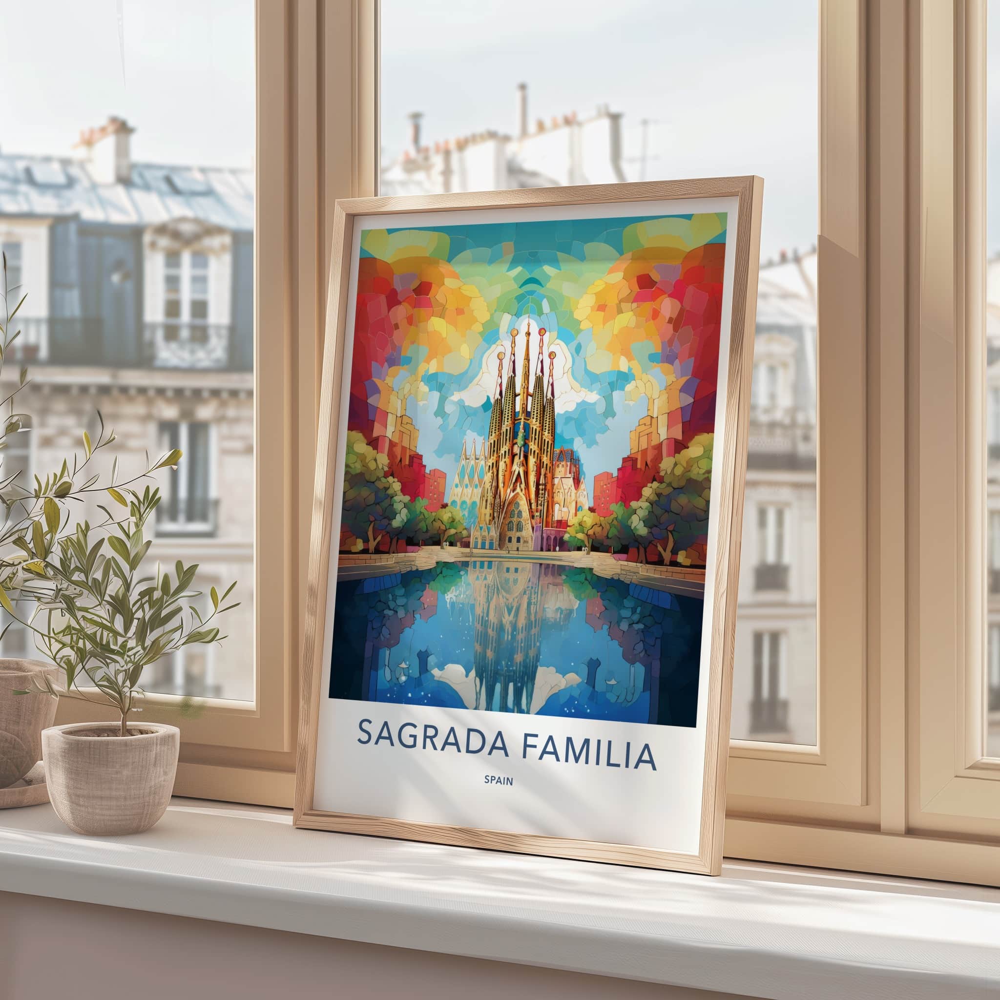 Sagrada Familia Poster - Spain Travel Art - Vibrant Temple Reflection Home Decor