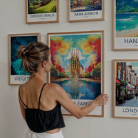 Sagrada Familia Poster - Spain Travel Art - Vibrant Temple Reflection Home Decor