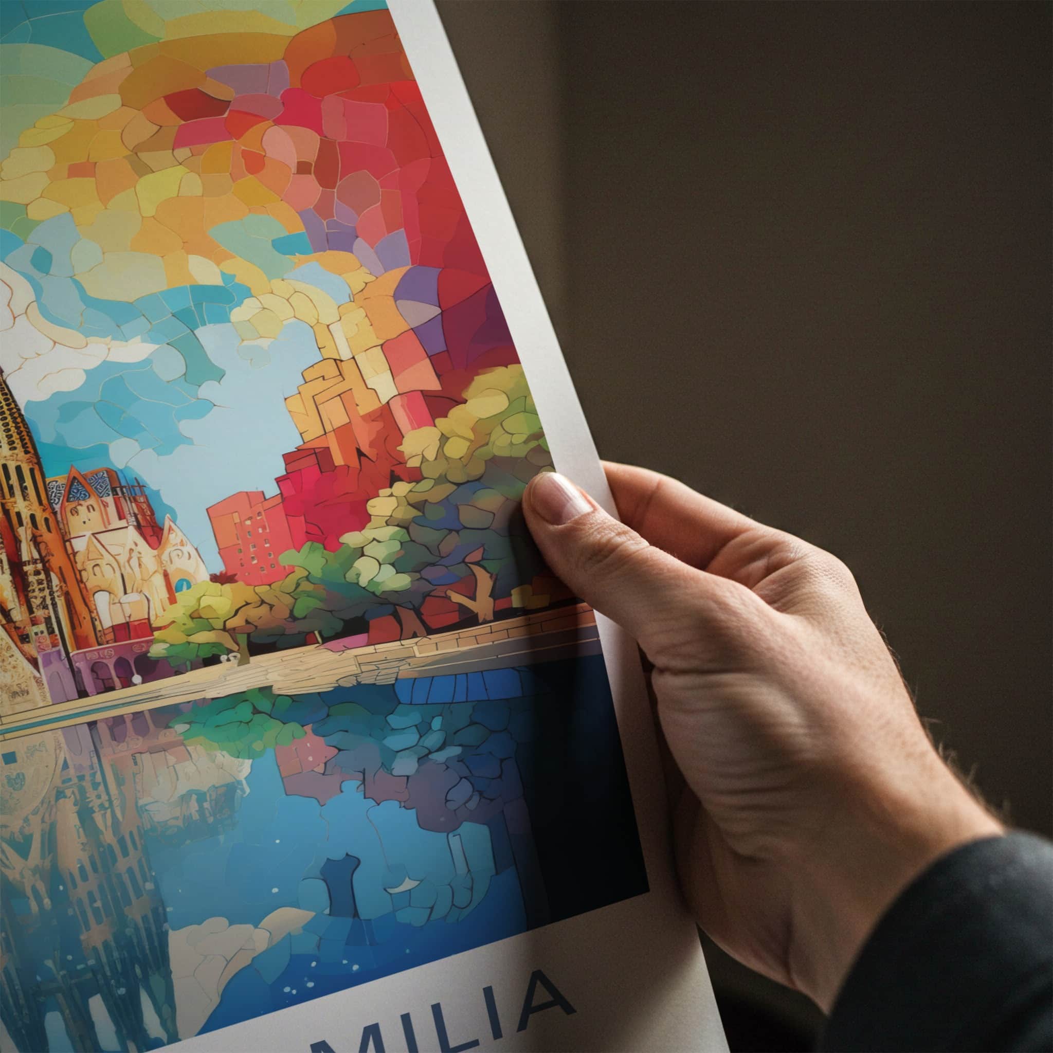 Sagrada Familia Poster - Spain Travel Art - Vibrant Temple Reflection Home Decor