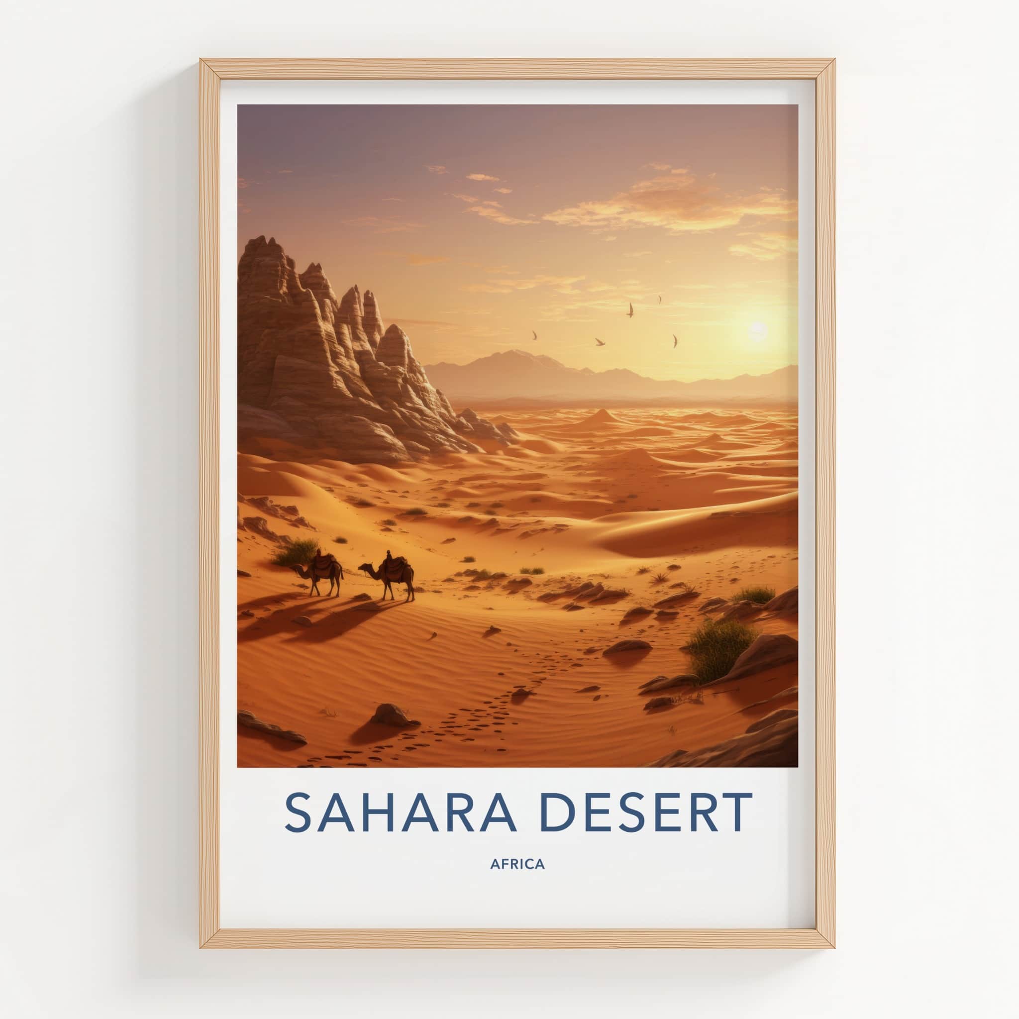 Sahara Desert Poster - Africa Travel Art - Golden Desert Camels Home Decor
