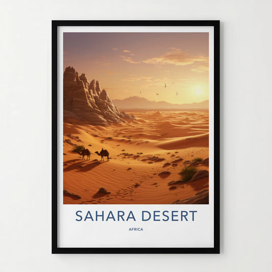 Sahara Desert Poster - Africa Travel Art - Golden Desert Camels Home Decor