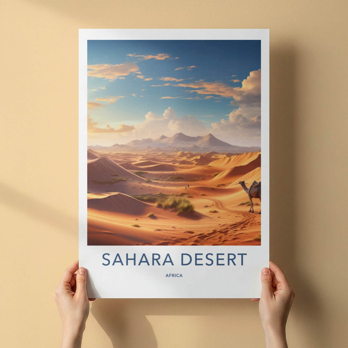 Sahara Desert Poster - Africa Travel Art - Sunset Camel Ride Home Decor